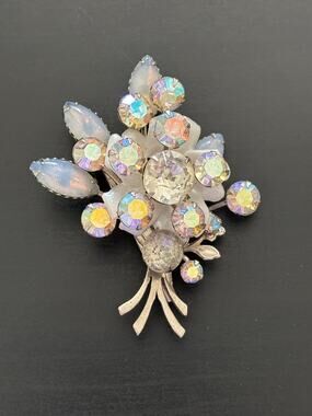 Vintage Flower Brooch Aurora Borealis, Opaline Glass Silvertone